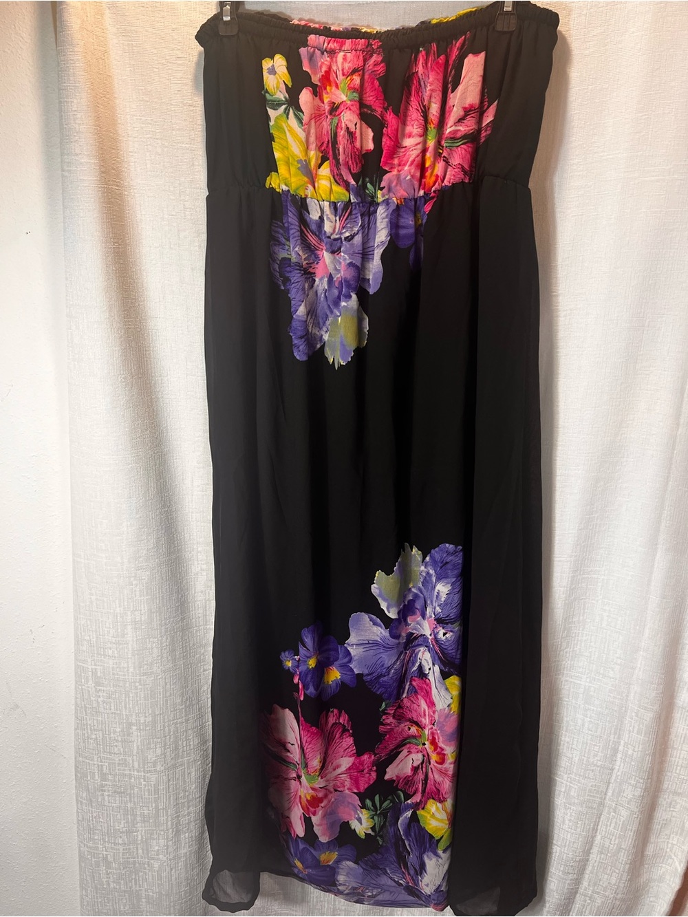 Black Floral Strapless Long  Dress - Vibrant Pink & Purple Print